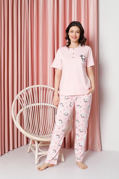 AHENGİM Rabbit Patterned Cotton Single Jersey Women's Pajama Set - Short Sleeve