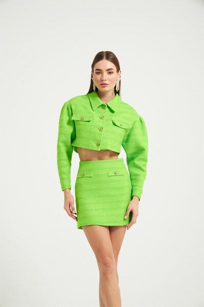 NOK İSTANBUL Altın Düğmeli Tweet Kumaş Kısa Crop Ceket Fıstık Yesil