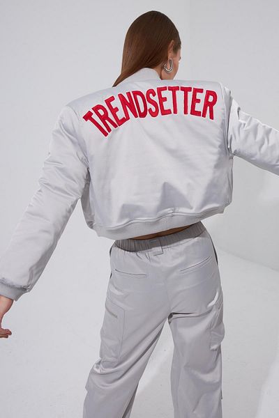 NOK İSTANBUL Nok Stylish Series Trendsetter Satin Embroidered Bomber Gray