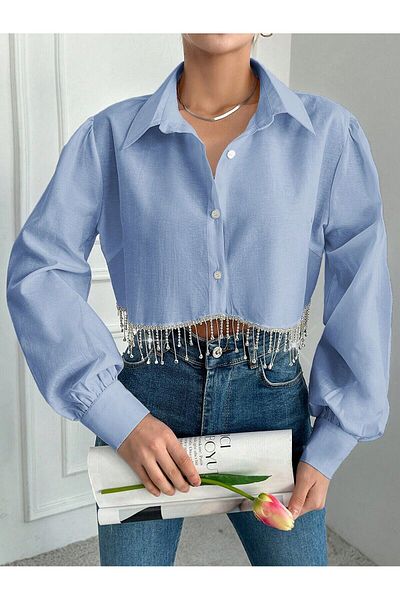 JESSE STORY Cămașă Crop Ice Albastră - Rochie cu Detaliu de Piatră