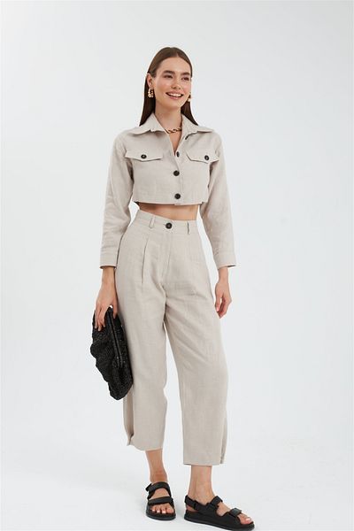 NOK İSTANBUL Cool Mode Beige Color 100% Linen Trousers