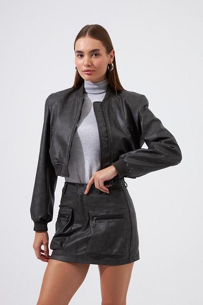 NOK İSTANBUL Nok Be Cool Series Eva Faux Leather Mini Skirt Gray