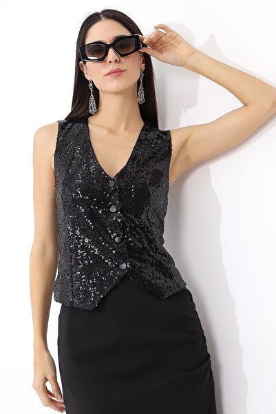 Mois Atelier Siyah Pul Payetli Çıt Çıt Kapama V Yaka Yelek Tasarım Hediye Büyük Beden