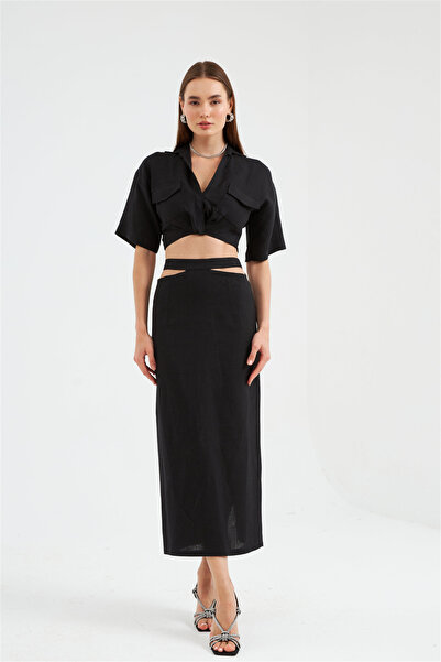 NOK İSTANBUL Nok Daily Serisi Pencere Detaylı %100 Keten Etek Siyah