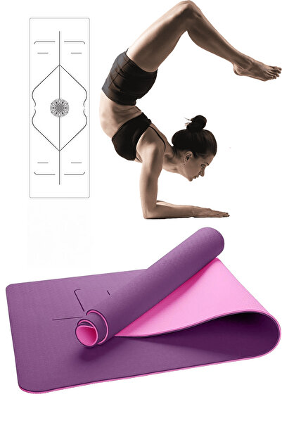 Jet Hizalamalı 8mm Tpe Yoga Matı Pilates Minderi Kaymaz 8 mm Plates Mat Minder Egzersiz Spor Aleti Mor