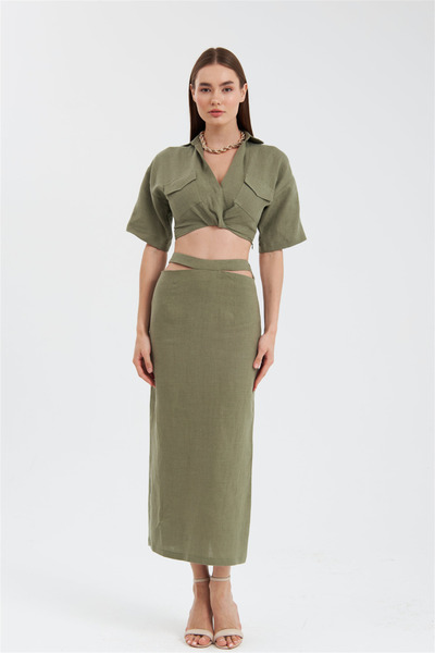 NOK İSTANBUL Nok Daily Serisi Pencere Detaylı %100 Keten Etek Haki