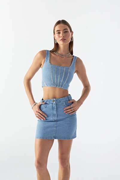 NOK İSTANBUL Crystal Charm Denim Büstiyer LİGHT BLUE