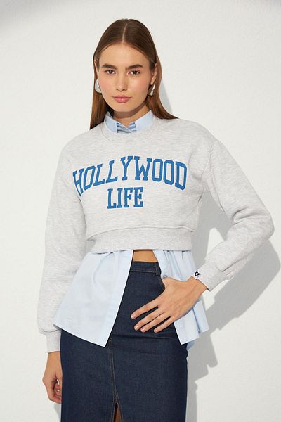NOK İSTANBUL Hollywood Life Slogan Crop Sweatshirt Gray
