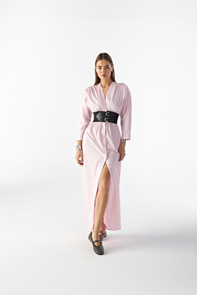 NOK İSTANBUL NOK LUCKY SERİSİ KORSAJLI MAXİ BOY POPLİN ELBİSE TOZ PEMBE