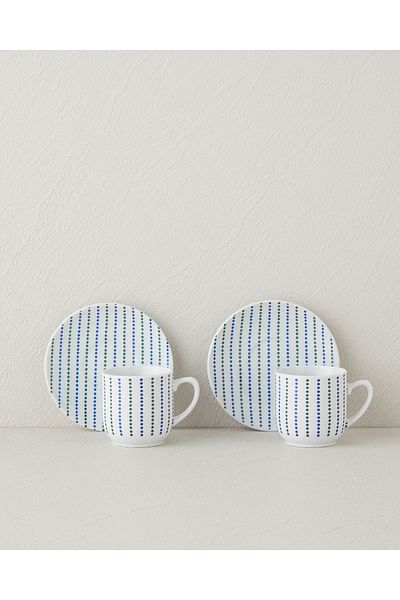English Home Anchor Porcelain Coffee Cup Set for 2 People - Blue Green 4 Piece Set