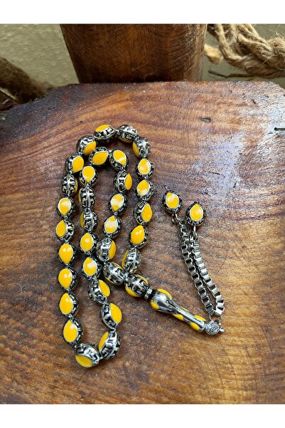 Dağ Kehribar İŞLEMELİ ÖZEL PÜSKÜLLÜ ALPAKA TESBİH