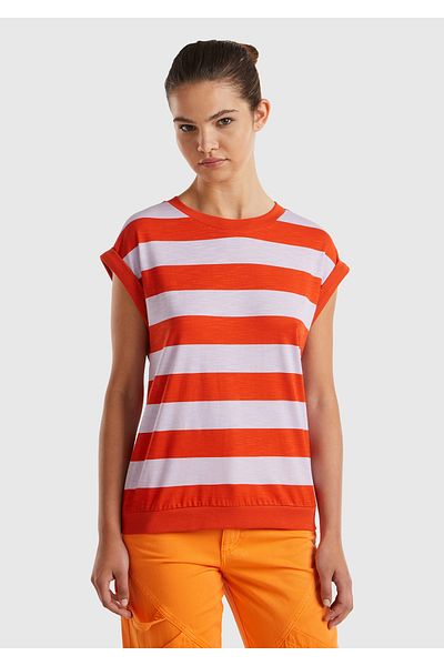 United Colors of Benetton Red Mix Cotton - Tricou de damă cu decolteu rotund de culoare contrastantă