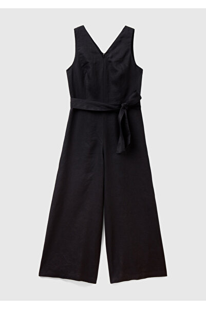 United Colors of Benetton بذلة نسائية سوداء 100% من الكتان بحزام خصر سميك ووا...