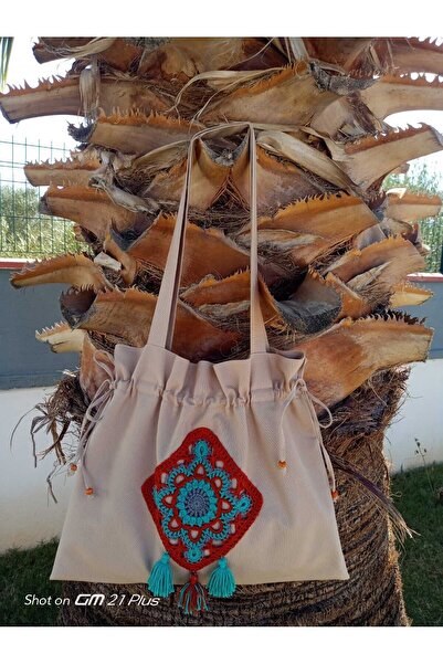 Handream Büzgülü, Kiremit/fıstık yeşili Otantik  Kare Motifli Tote Bez Omuz Ç...