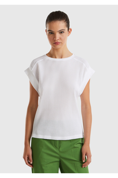 United Colors of Benetton Tricou alb din bumbac elastic pentru femei - Maneca...