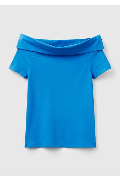 United Colors of Benetton Μπλε βαμβακερό μείγμα - Μπλουζάκι με κοντό μανίκι που συρρικνώνει τη μέση