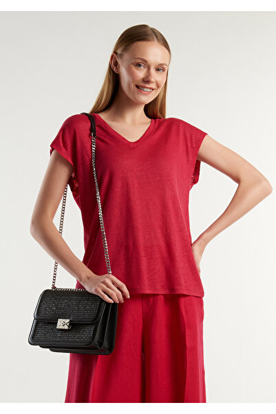 United Colors of Benetton Γυναικείο λινό μπλουζάκι φούξια - Άνετη εφαρμογή, βαθύ λαιμόκοψη V, αμάνικο