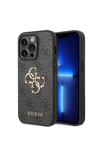 Guess iPhone 15 Pro Max Compatible Case Guess Licensed Pu Leather Text and 4g Metal Logo Patterned Gray