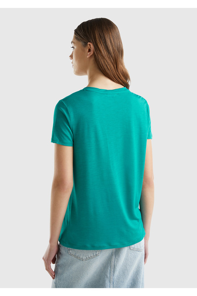 United Colors of Benetton Γυναικείο T-Shirt Petrol Green V-Neck Liyosel - 100%