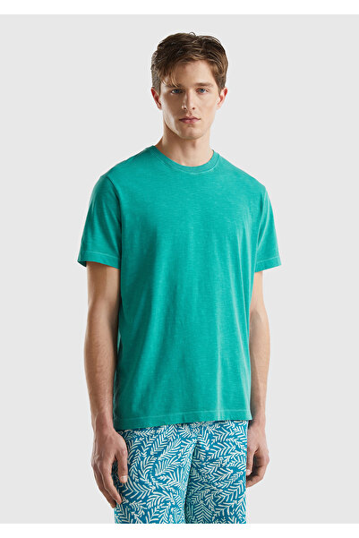 United Colors of Benetton تي شيرت رجالي مريح من القطن بلون سادة مع رقبة دائرية