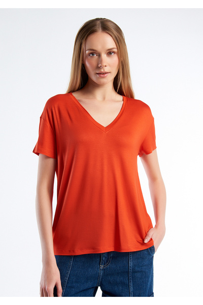 United Colors of Benetton Red Viscose Women's Basic T-Shirt - Wide V-Neck