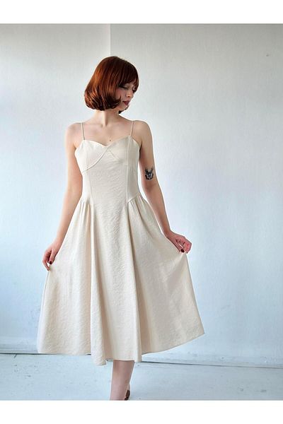Retrobird Design Corset Accented Strap Midi Dress Women's Cream