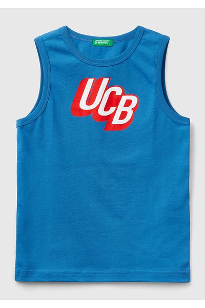 United Colors of Benetton Saks Blue Logo Printed Sleeveless Tank Top for Boy