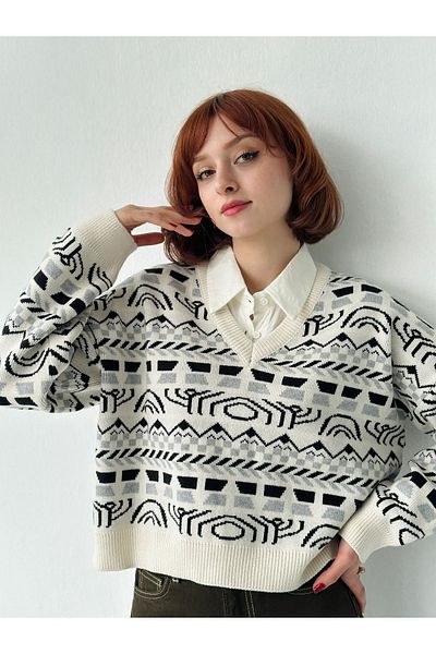 Retrobird Pulover jacquard cu decolteu în V model Inka Femei Bej