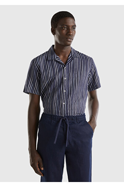 United Colors of Benetton Ανδρικό πουκάμισο με σκούρο μπλε λινό σχέδιο - κοντ...