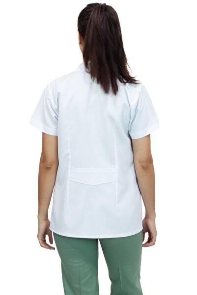 Alsancak Üniforma Jachetă doctor cu mânecă scurtă cu guler sport alb