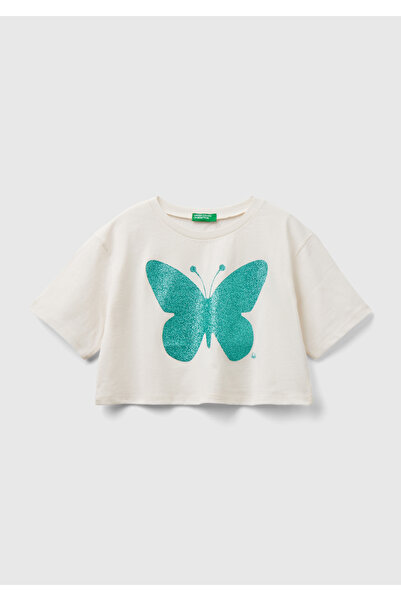 United Colors of Benetton Fete - Tricou crop crem cu imprimeu grafic lucios, ...