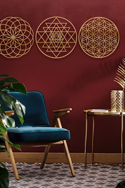 Numa Concept Yaşam Çiçeği 3'lü Mdf Üzeri Gold Pleksi Duvar Dekorasyon Her Bir...