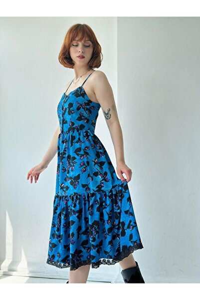 Retrobird Country Girl Ruffle Dantel Detaylı Tasarım Elbise Kadın Koyu Mavi