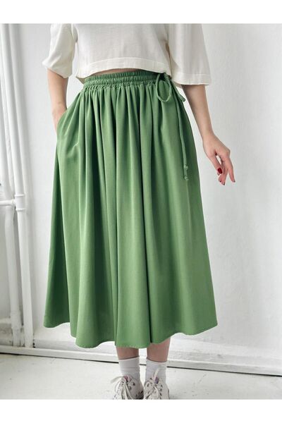 Retrobird Circle Flared Linen Midi Length Skirt Women Green
