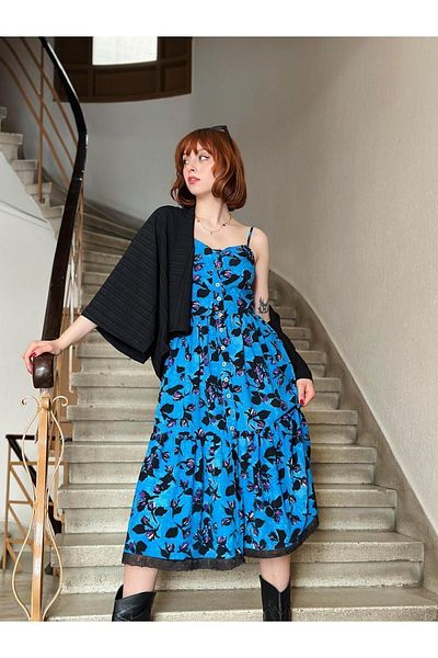 Retrobird Country Girl Ruffle Δαντέλα Λεπτομερές Σχέδιο Φόρεμα Γυναικείο Σκούρο Μπλε