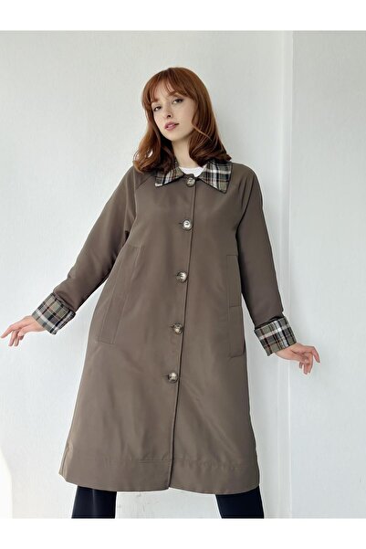 Retrobird Ekose Yaka İngiliz Stili Tasarım Trenchcoat Kadın Haki