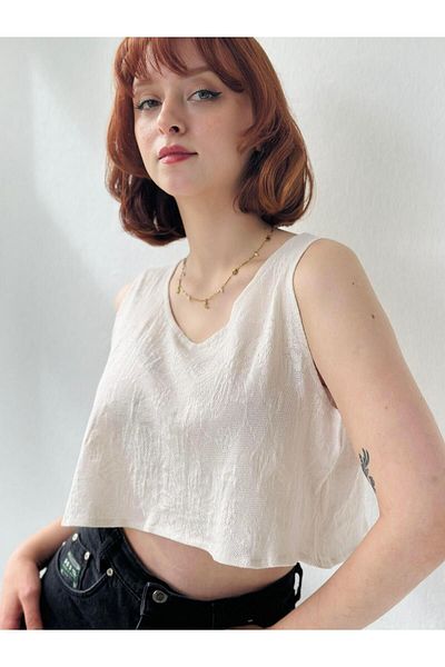 Retrobird Women's Cream Knitted Crop Tank Top
