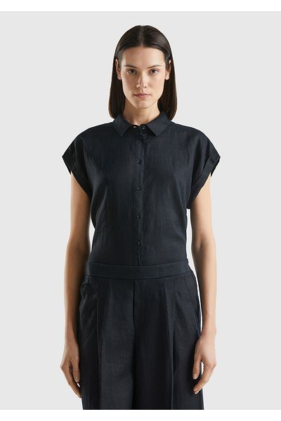 United Colors of Benetton Cămașă cu mânecă scurtă din in negru - 100% in, cu detaliu pe umeri