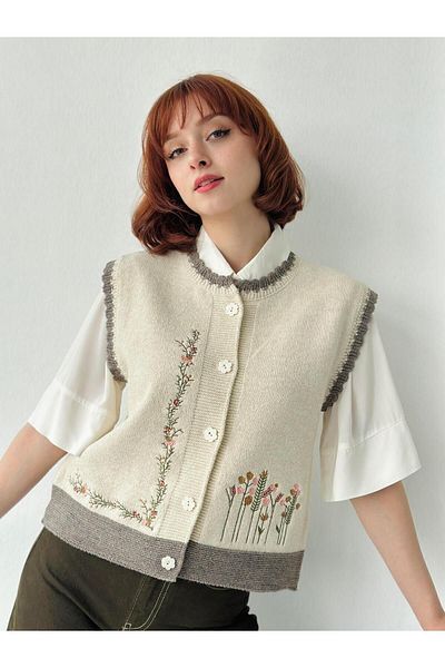 Retrobird Design Floral Buttoned Embroidered Vest Women's Cream
