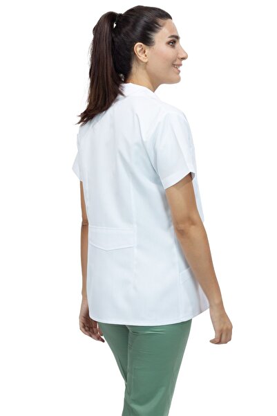 Alsancak Üniforma Jachetă doctor cu mânecă scurtă cu guler sport alb