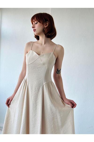 Retrobird Design Corset Accented Strap Midi Dress Women's Cream