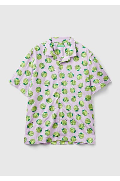 United Colors of Benetton Cămașă pentru bărbați 100% vâscoasă cu imprimeu liliac Mix Fruit - mânecă scurtă