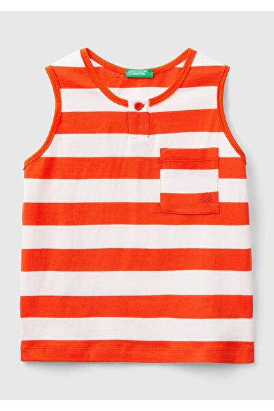 United Colors of Benetton Red-White Logo Embroidered Boy's Top with Pockets