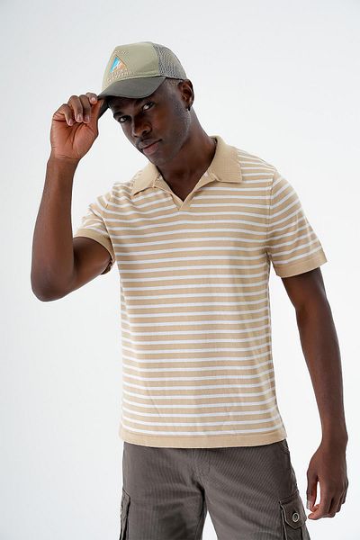 CHUBA Ανδρικό πλεκτό μπλουζάκι Polo Neck ριγέ - Regular Fit, Tan-White 24s263