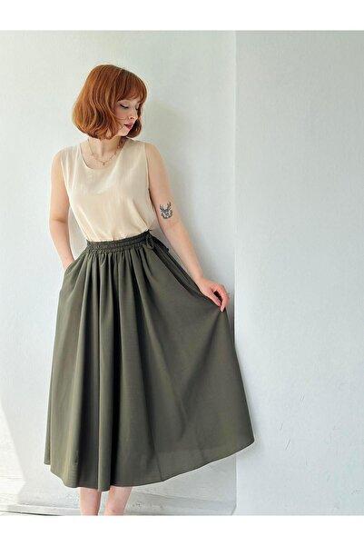 Retrobird Circle Kloş Midi Boy Skirt Women's Khaki