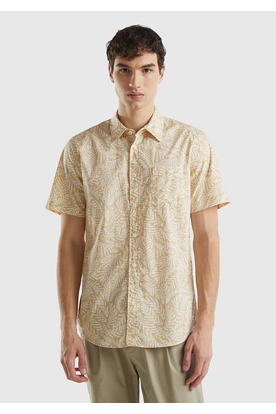 United Colors of Benetton Ανδρικό Cream Mix - 100% βαμβακερό εμπριμέ κοντομάνικο πουκάμισο