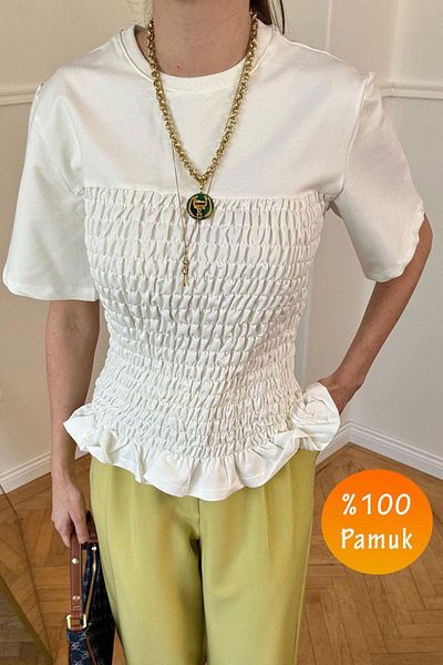 AB LOOKS Bluză tricou cu mânecă scurtă, albă, ecru - 100% bumbac, elastic complet