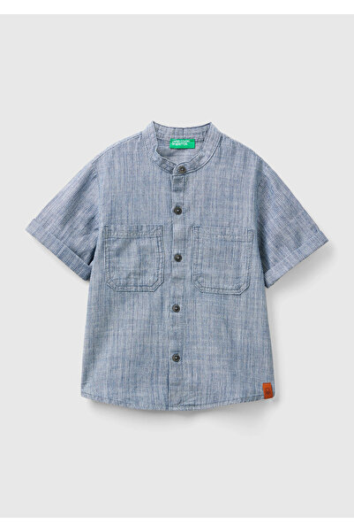 United Colors of Benetton Cămașă cu mânecă scurtă pentru băieți, albastru-alb...