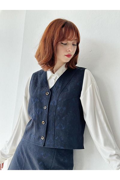 Retrobird Design Jacquard Vest Women's Dark Navy Blue