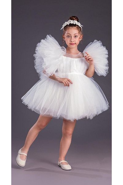 Little Pumpkin Puffy Sleeves Crowned Girl's Evening Dress with Tutu Skirt